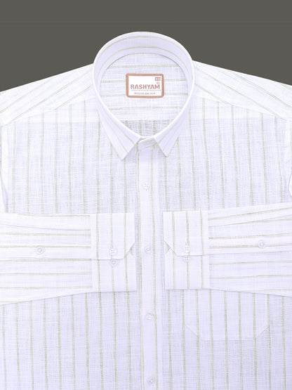Premium Linen Cotton Bellariva Pistachio Olive Line On White Formal Shirt