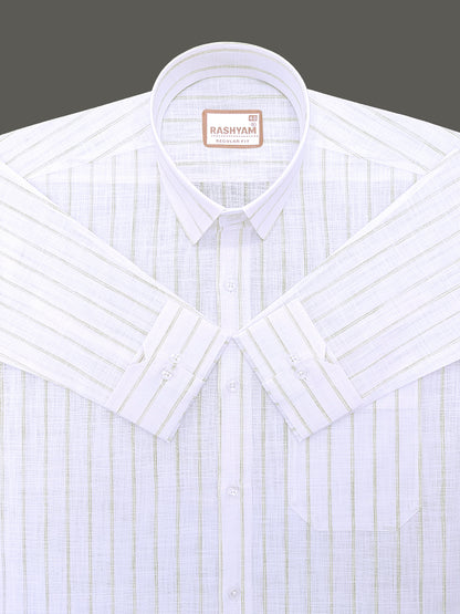 Premium Linen Cotton Bellariva Pistachio Olive Line On White Formal Shirt