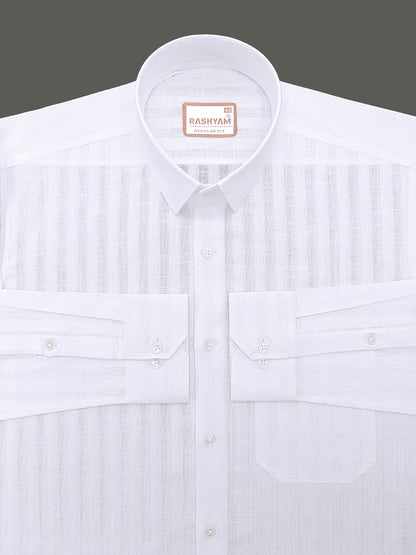 Italian Linen Cotton Bright White Wide Stripe Formal Shirt