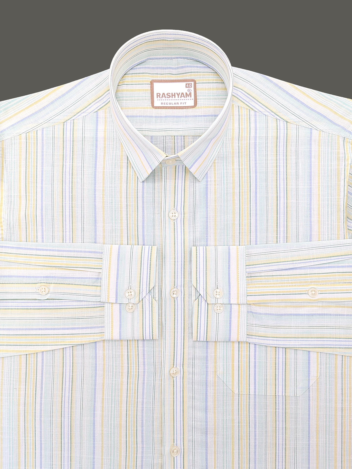 Luxurious Linen Cotton Blue And Yellow Multiline On White Shirt For Men