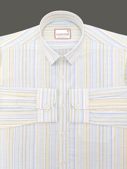 Luxurious Linen Cotton Blue And Yellow Multiline On White Shirt For Men