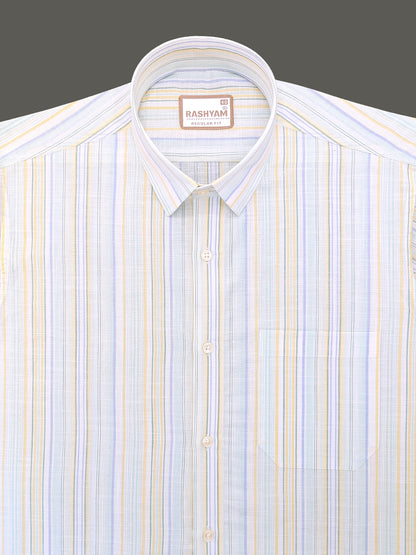 Luxurious Linen Cotton Blue And Yellow Multiline On White Shirt For Men