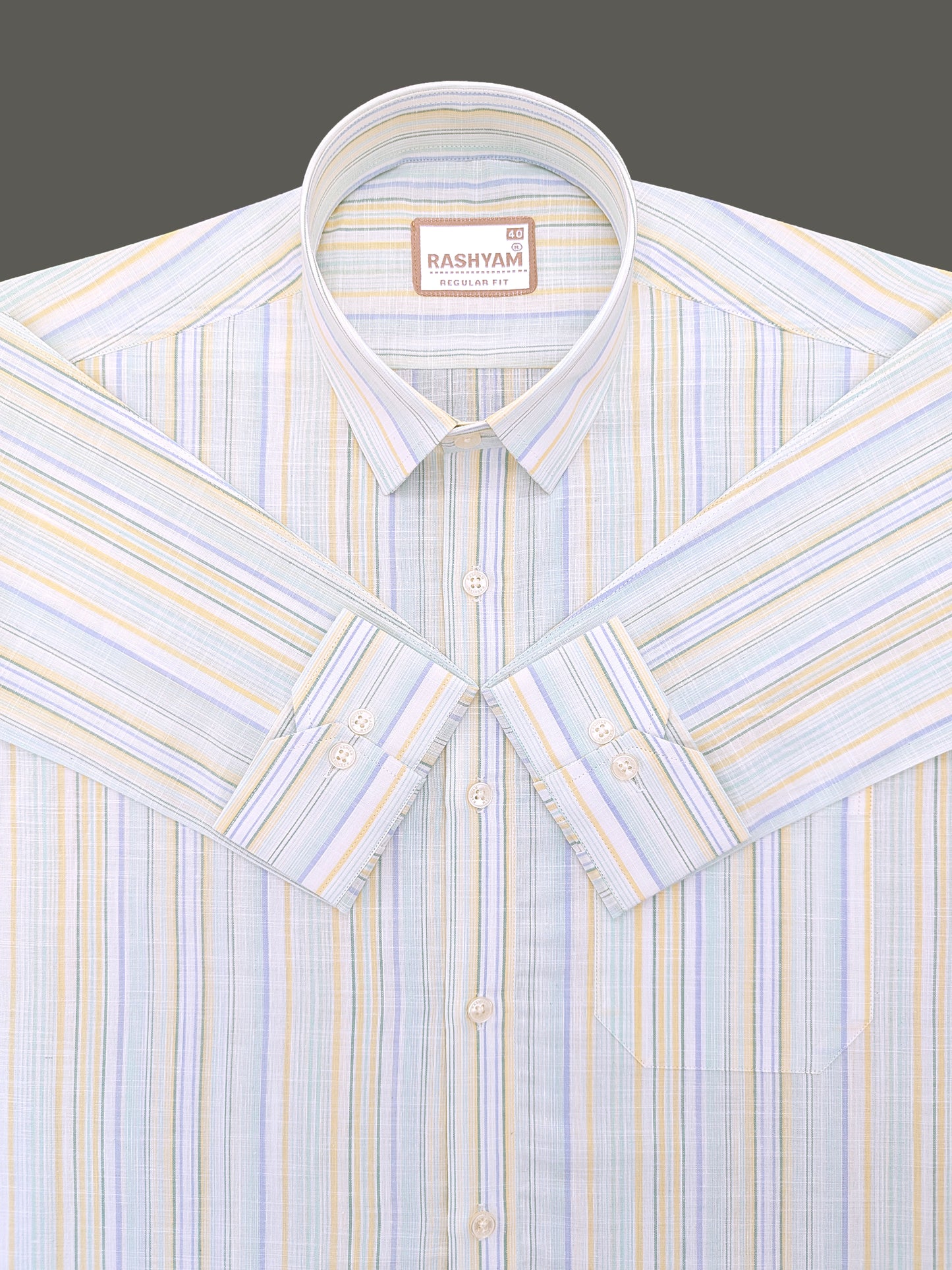 Luxurious Linen Cotton Blue And Yellow Multiline On White Shirt For Men