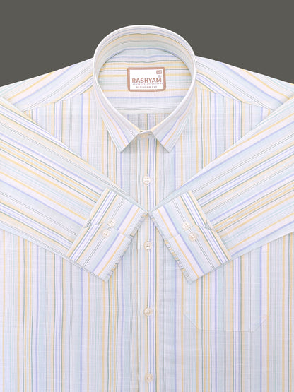 Luxurious Linen Cotton Blue And Yellow Multiline On White Shirt For Men