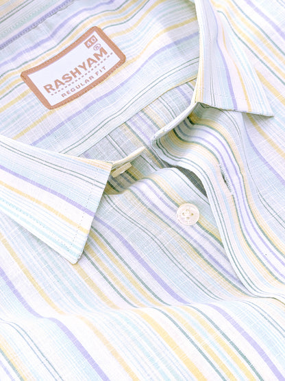 Luxurious Linen Cotton Blue And Yellow Multiline On White Shirt For Men
