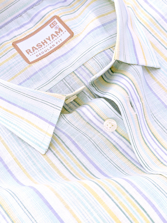 Luxurious Linen Cotton Blue And Yellow Multiline On White Shirt For Men