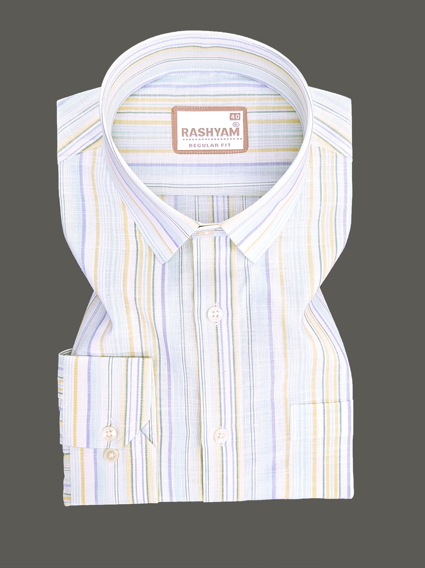 Luxurious Linen Cotton Blue And Yellow Multiline On White Shirt For Men