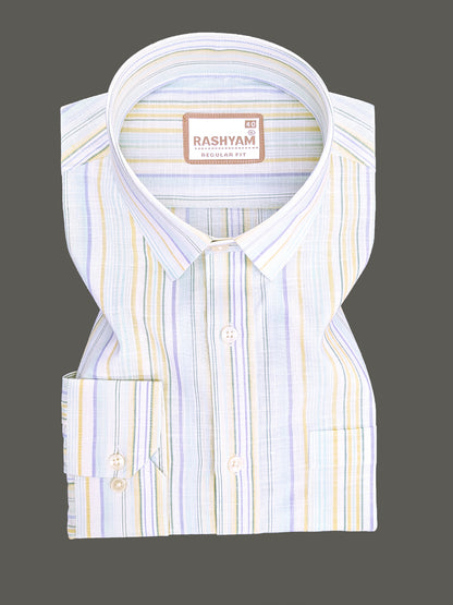 Luxurious Linen Cotton Blue And Yellow Multiline On White Shirt For Men