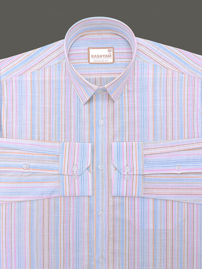 Luxurious Linen Cotton Orange And Blue Multiline On White Shirt For Men