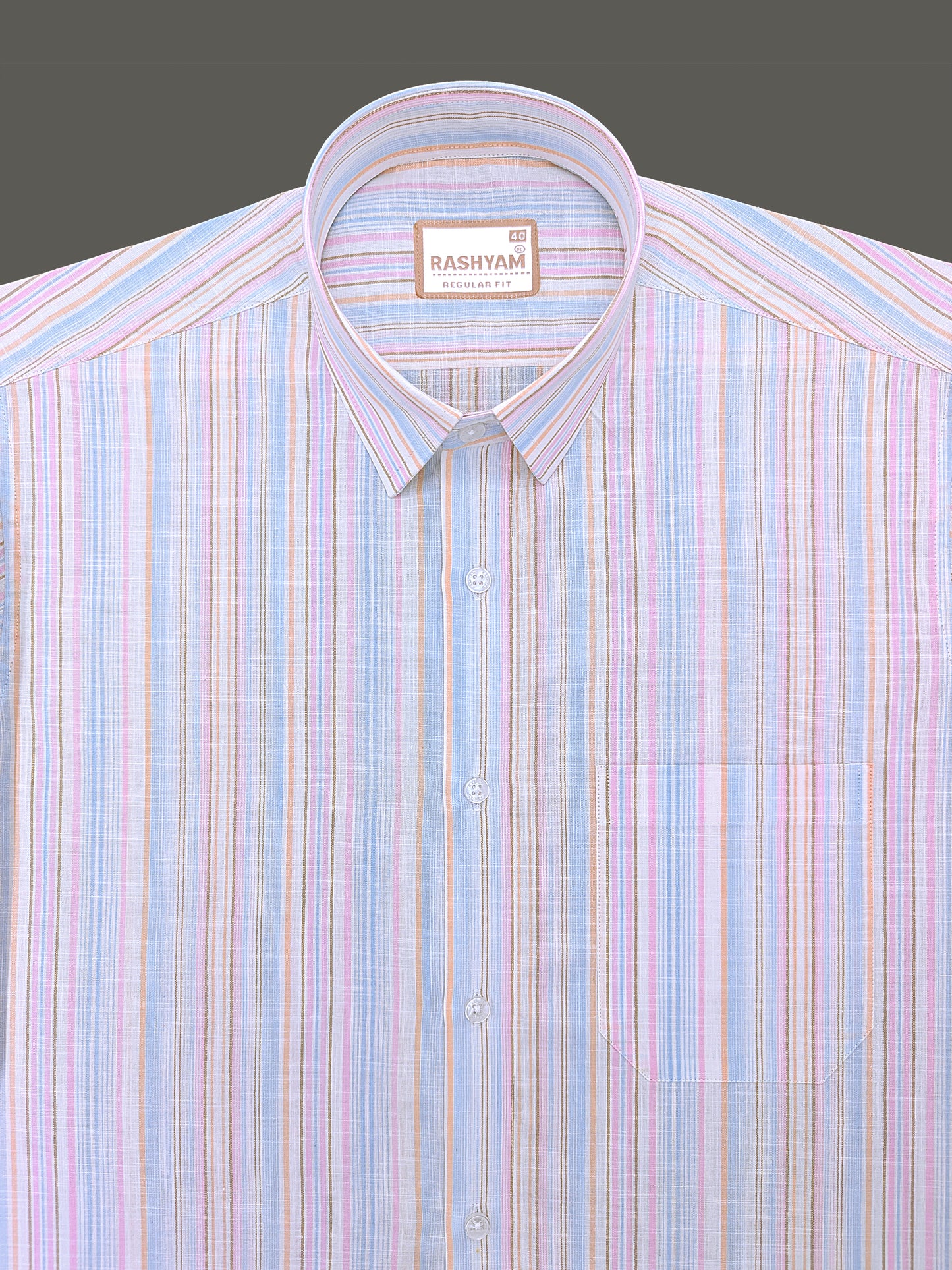 Luxurious Linen Cotton Orange And Blue Multiline On White Shirt For Men