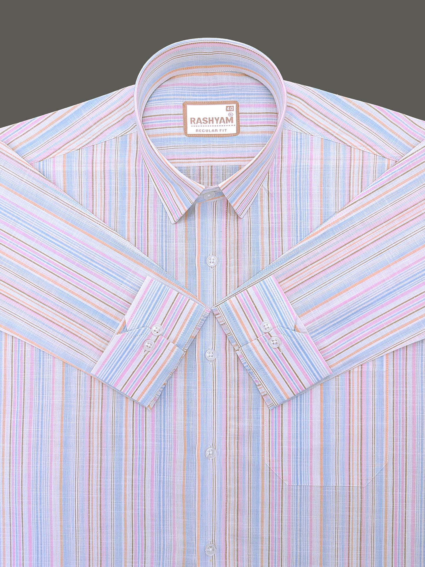 Luxurious Linen Cotton Orange And Blue Multiline On White Shirt For Men