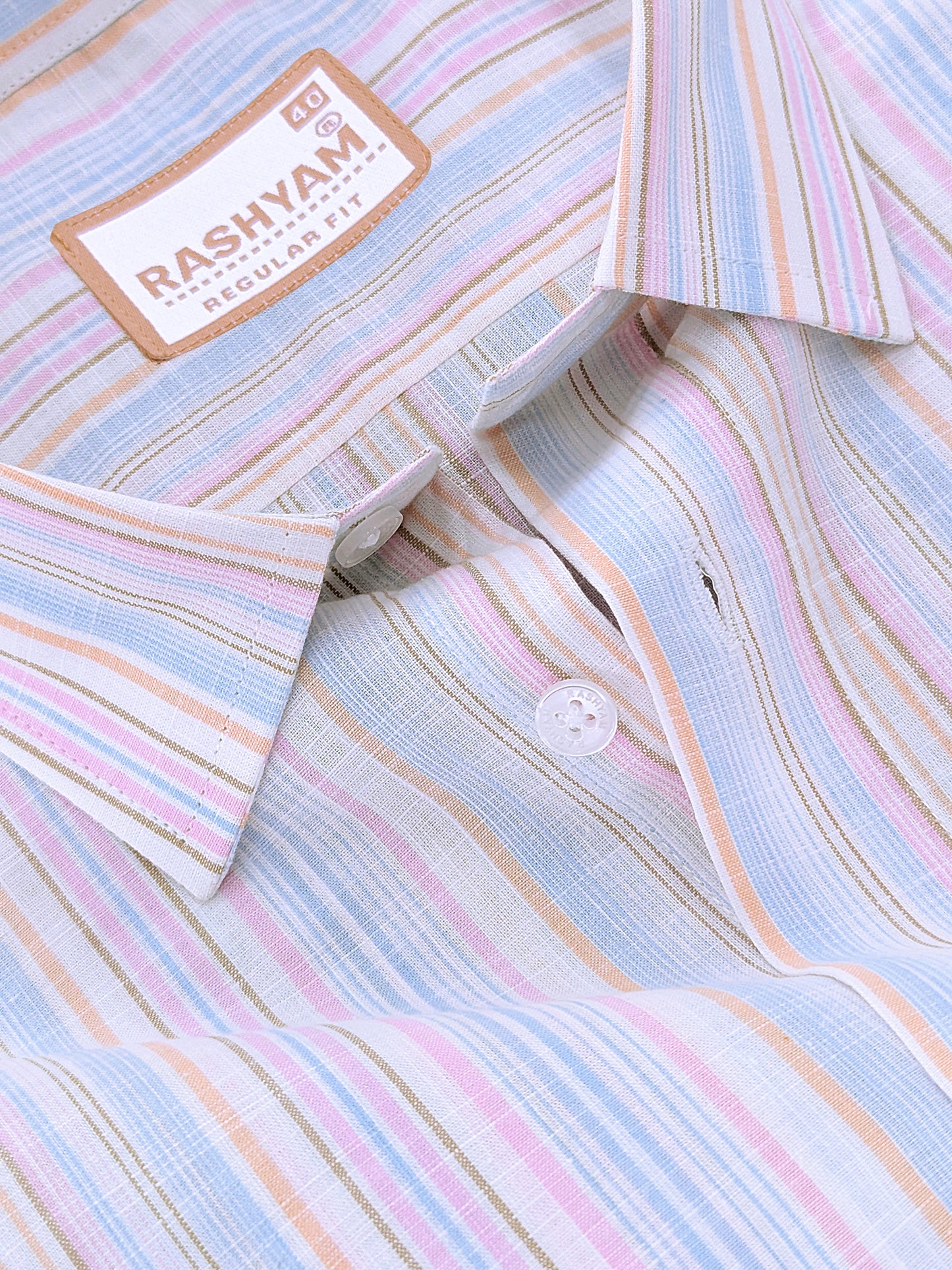Luxurious Linen Cotton Orange And Blue Multiline On White Shirt For Men