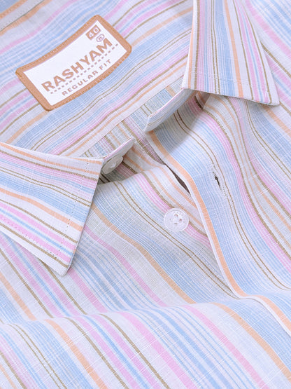 Luxurious Linen Cotton Orange And Blue Multiline On White Shirt For Men