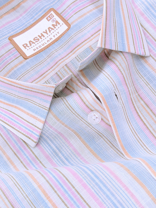 Luxurious Linen Cotton Orange And Blue Multiline On White Shirt For Men