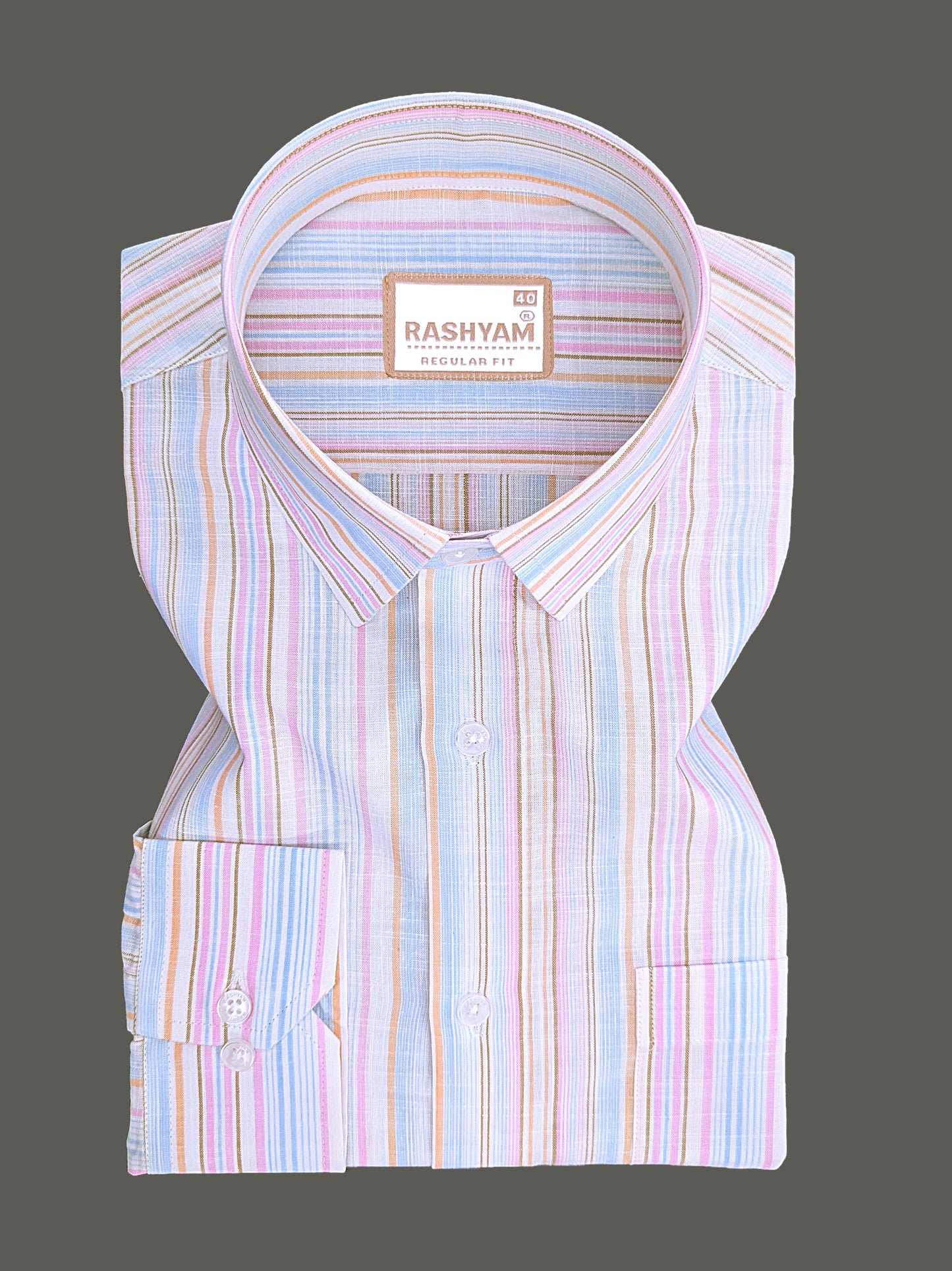 Luxurious Linen Cotton Orange And Blue Multiline On White Shirt For Men