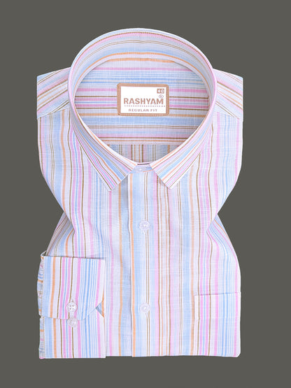 Luxurious Linen Cotton Orange And Blue Multiline On White Shirt For Men