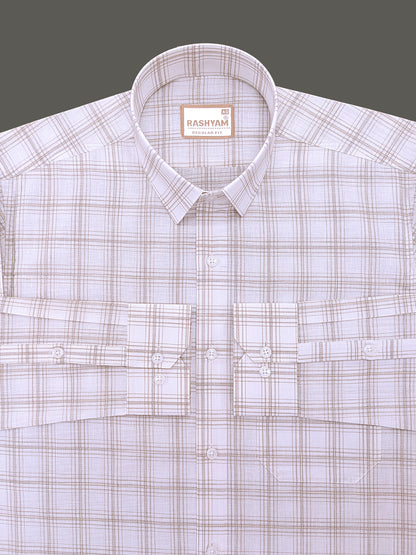 Premium Cotton Portelle Brown Checkered On White Formal Shirt