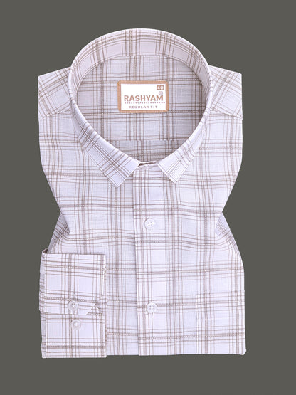Premium Cotton Portelle Brown Checkered On White Formal Shirt