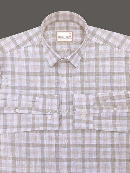 Luxurious Linen Vernazza Light Brown And White Checks Formal Shirt