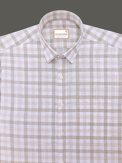 Luxurious Linen Vernazza Light Brown And White Checks Formal Shirt