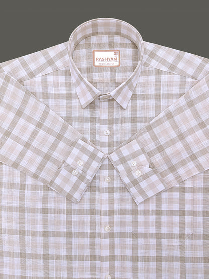 Luxurious Linen Vernazza Light Brown And White Checks Formal Shirt