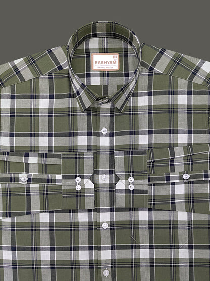 Oxford Cotton Cherasco Fern Green And Navy Multichecks Formal Shirt