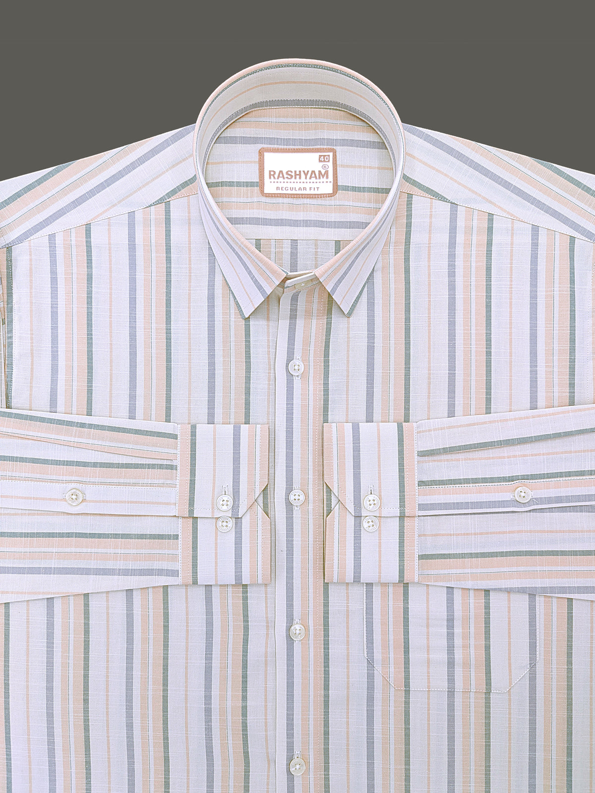 Italian Linen Lorentis Orange Green Grey Stripe On Cream Formal Shirt