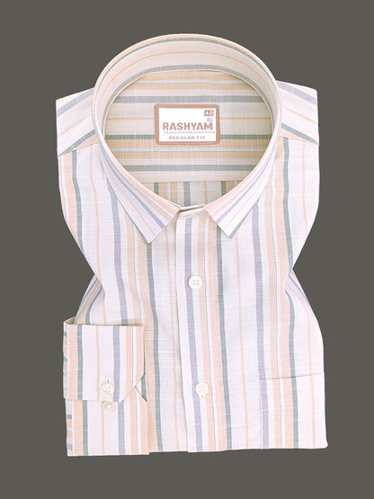 Italian Linen Lorentis Orange Green Grey Stripe On Cream Formal Shirt