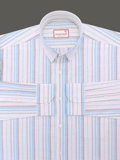 Italian Linen Lorentis Skyblue Brown Stripe On Cream Formal Shirt