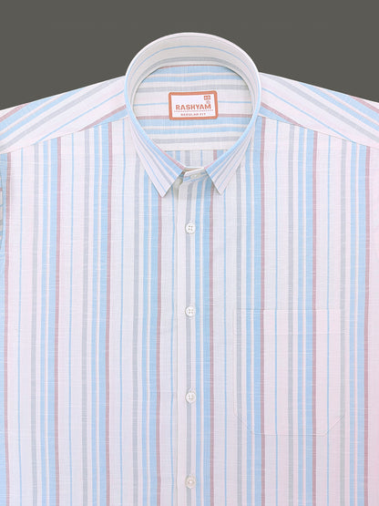 Italian Linen Lorentis Skyblue Brown Stripe On Cream Formal Shirt