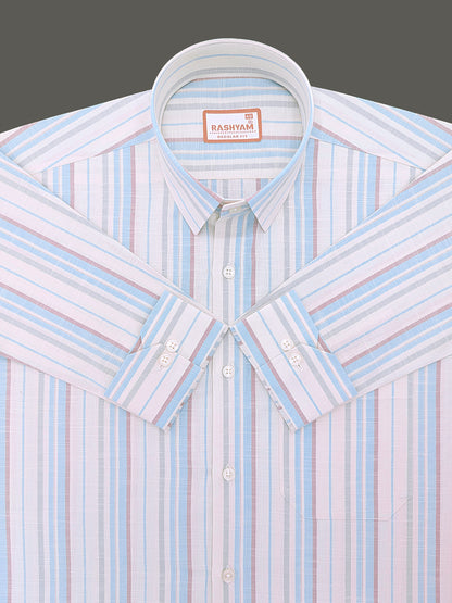 Italian Linen Lorentis Skyblue Brown Stripe On Cream Formal Shirt