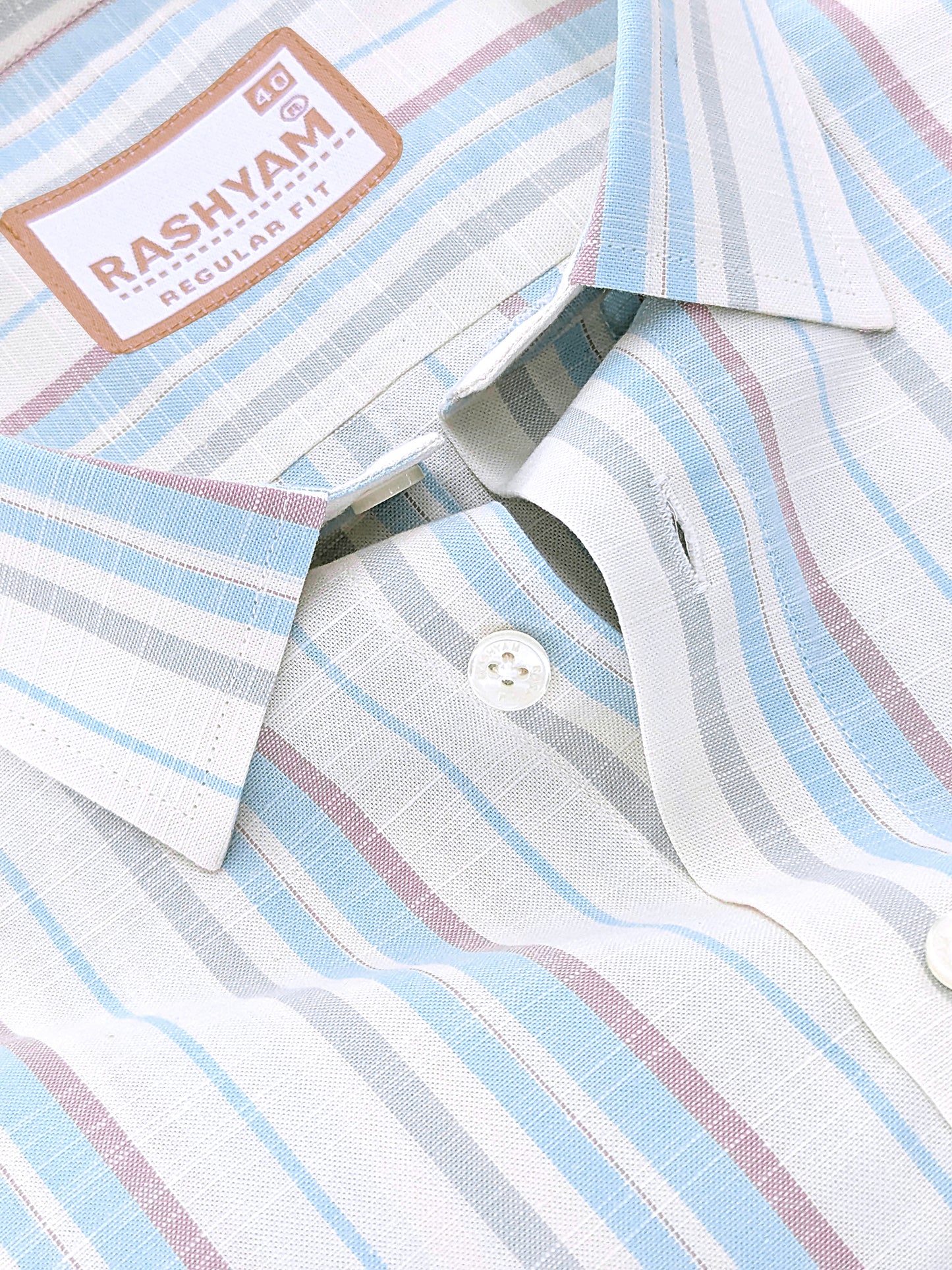 Italian Linen Lorentis Skyblue Brown Stripe On Cream Formal Shirt