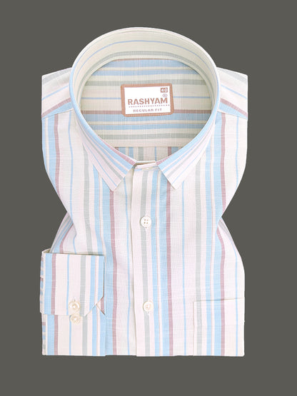 Italian Linen Lorentis Skyblue Brown Stripe On Cream Formal Shirt