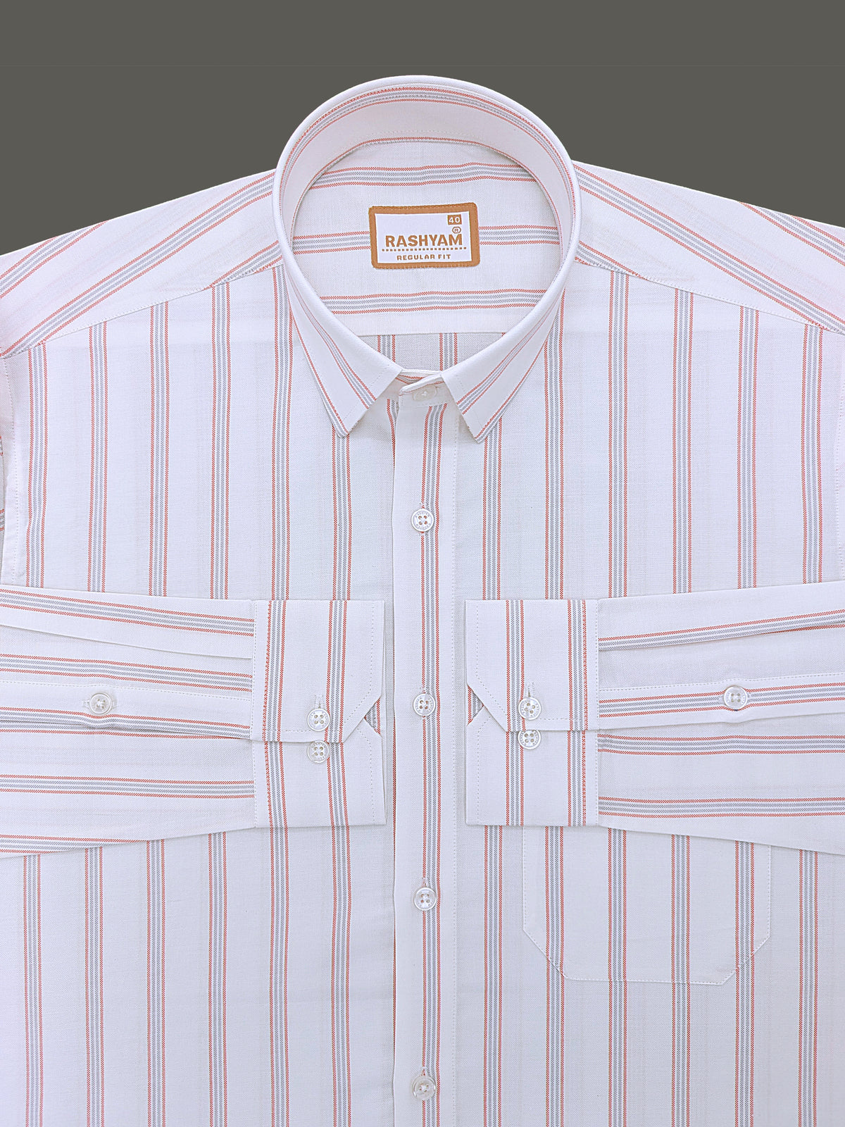 Oxford Cotton Zodiac Orange Grey Line On White Formal Shirt