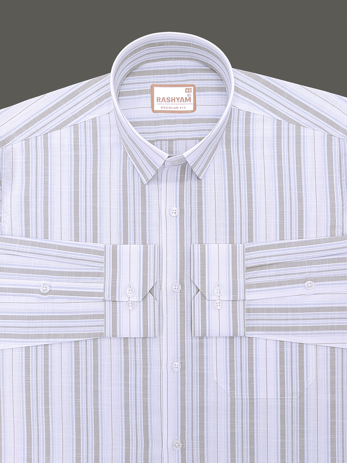 Italian Linen Cotton Lorentis Blue And Grey Multiline On White Formal Shirt