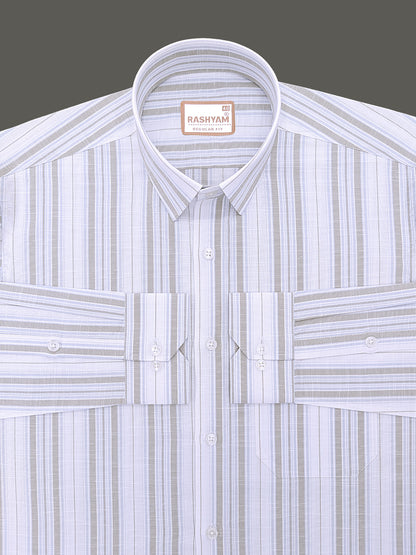 Italian Linen Cotton Lorentis Blue And Grey Multiline On White Formal Shirt