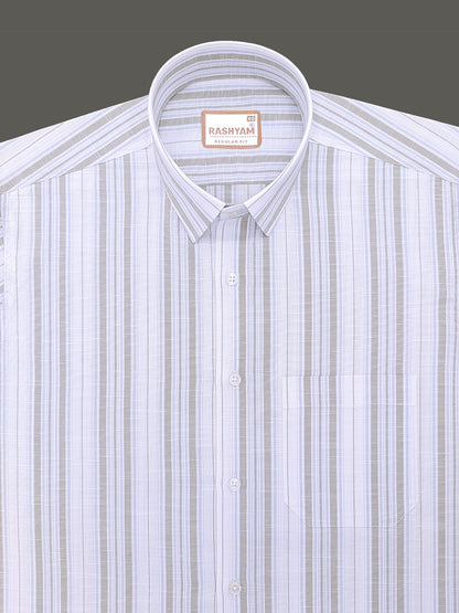 Italian Linen Cotton Lorentis Blue And Grey Multiline On White Formal Shirt
