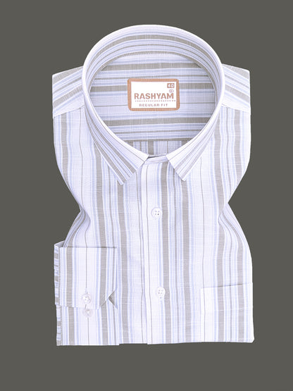 Italian Linen Cotton Lorentis Blue And Grey Multiline On White Formal Shirt