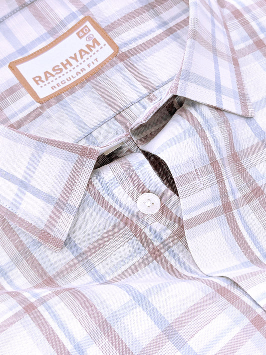 Italian Linen Cotton Cherasco Grey And Brown Checkered Formal Shirt