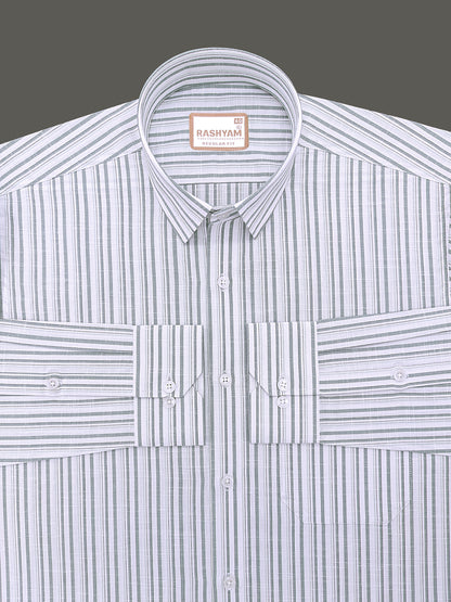 Italian Linen Cotton Lorentis Grass Green Black Multiline On White Formal Shirt
