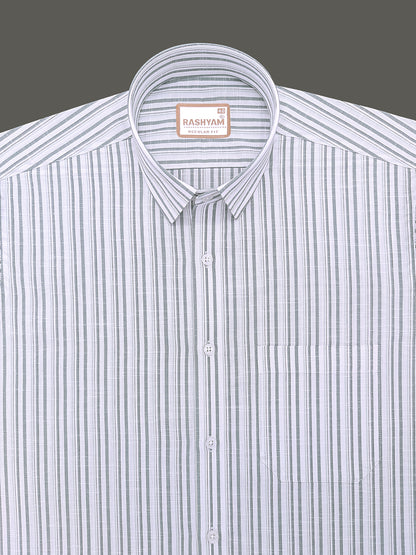 Italian Linen Cotton Lorentis Grass Green Black Multiline On White Formal Shirt