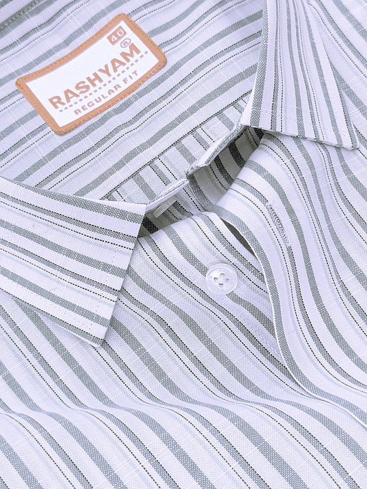Italian Linen Cotton Lorentis Grass Green Black Multiline On White Formal Shirt