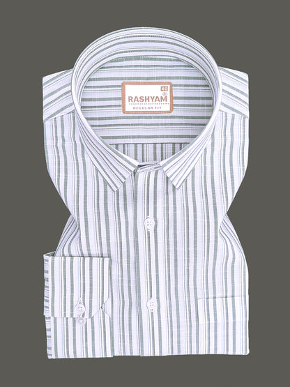 Italian Linen Cotton Lorentis Grass Green Black Multiline On White Formal Shirt