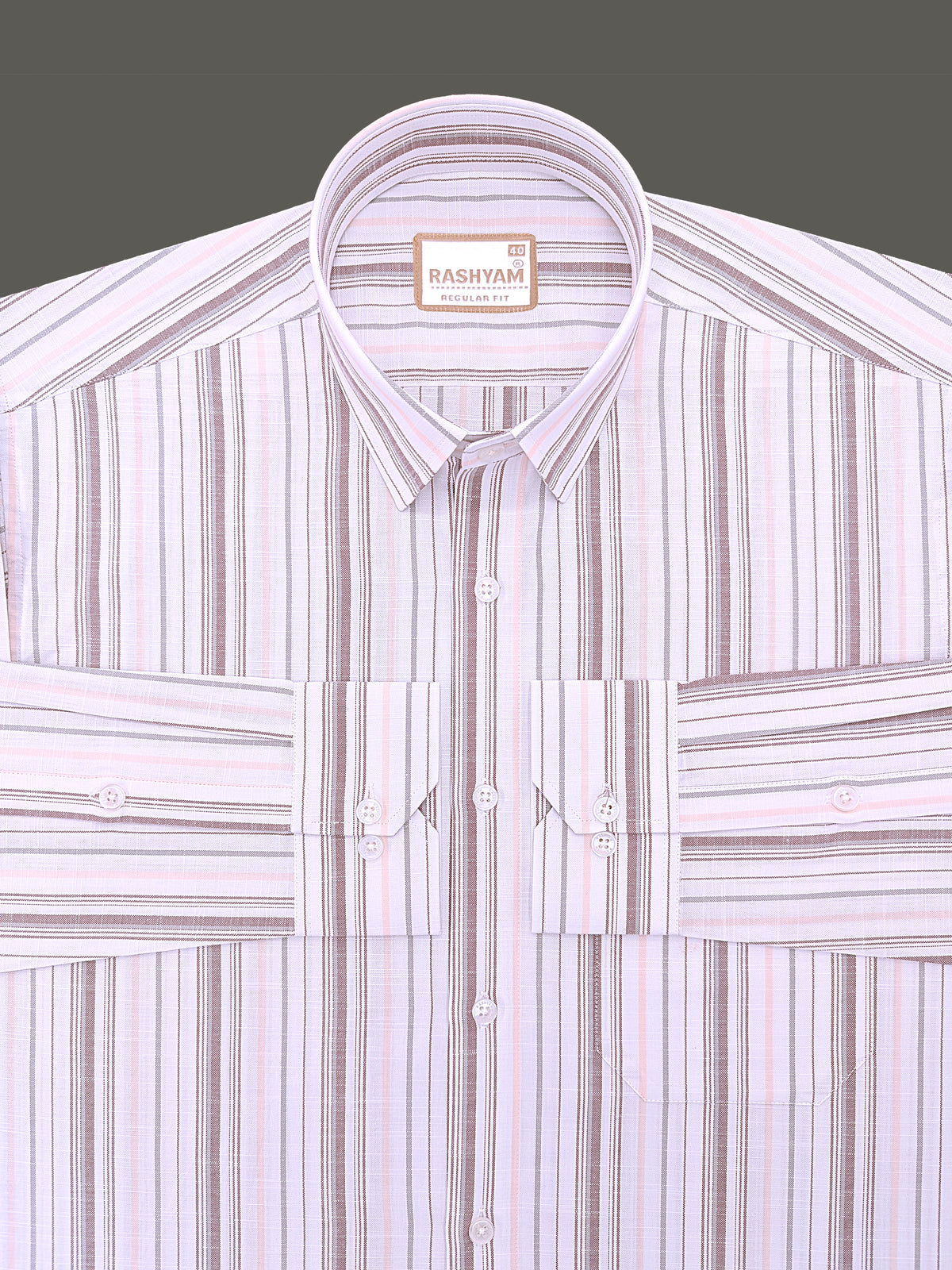Italian Linen Cotton Lorentis Orange Brown Multiline On White Formal Shirt