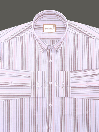 Italian Linen Cotton Lorentis Orange Brown Multiline On White Formal Shirt
