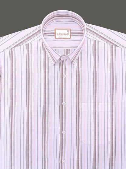 Italian Linen Cotton Lorentis Orange Brown Multiline On White Formal Shirt