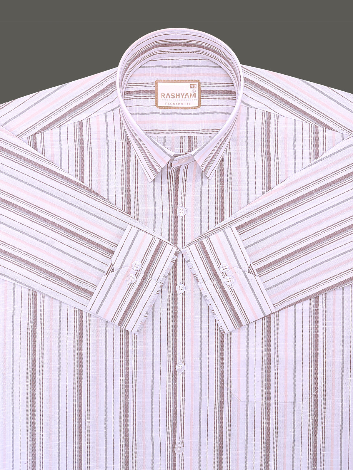 Italian Linen Cotton Lorentis Orange Brown Multiline On White Formal Shirt