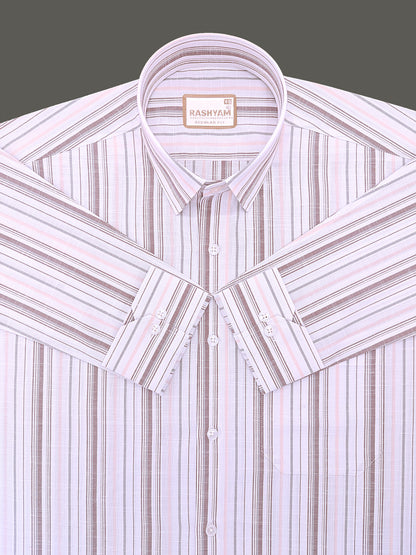 Italian Linen Cotton Lorentis Orange Brown Multiline On White Formal Shirt