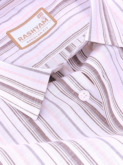 Italian Linen Cotton Lorentis Orange Brown Multiline On White Formal Shirt