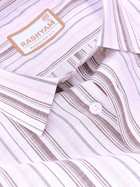 Italian Linen Cotton Lorentis Orange Brown Multiline On White Formal Shirt